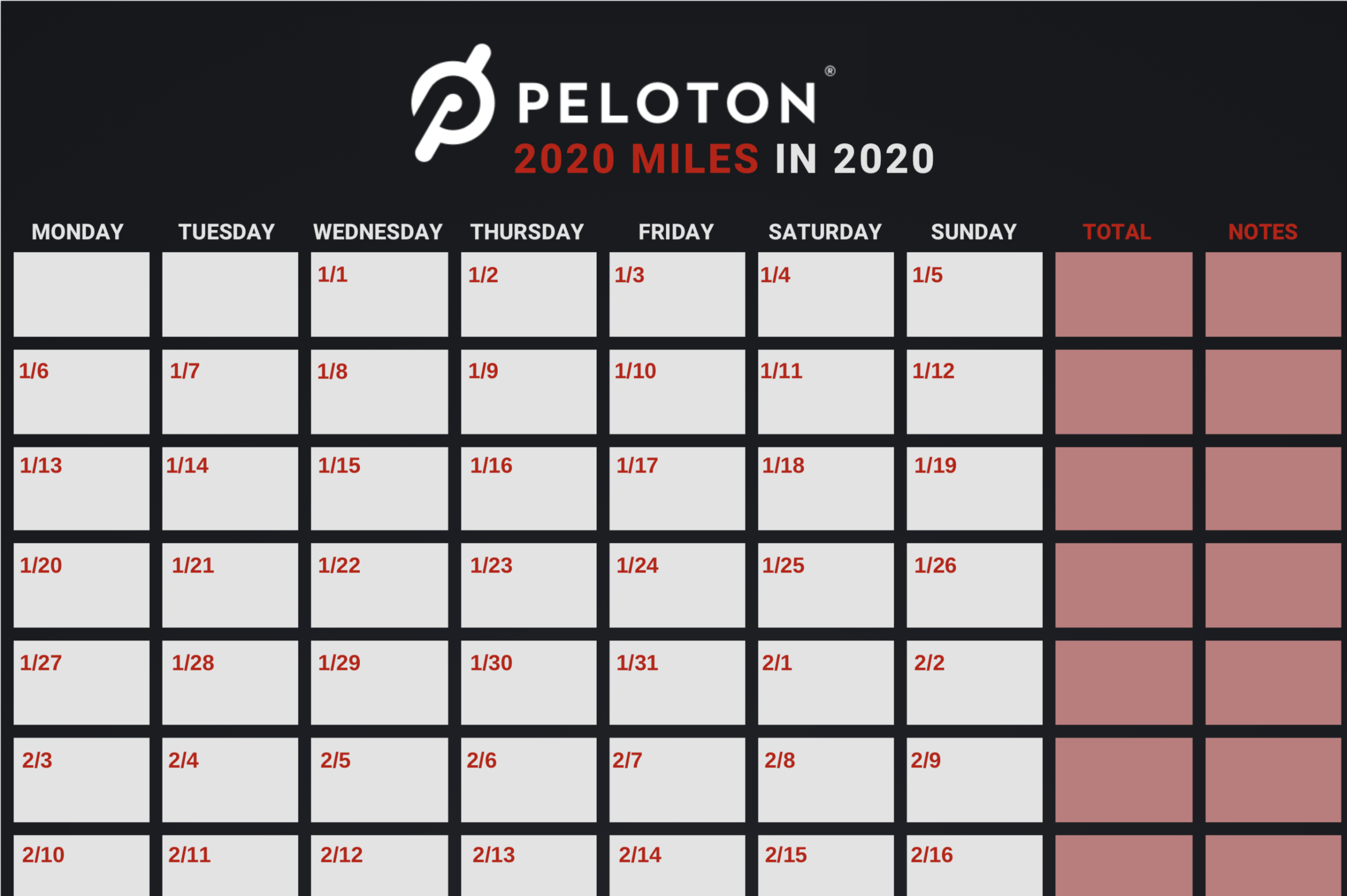 Free 2020 Peloton Workout Calendar Activity Tracker Peloton Buddy
