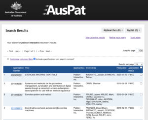 Screenshot of Peloton patents that have been filed with the Australian Government.