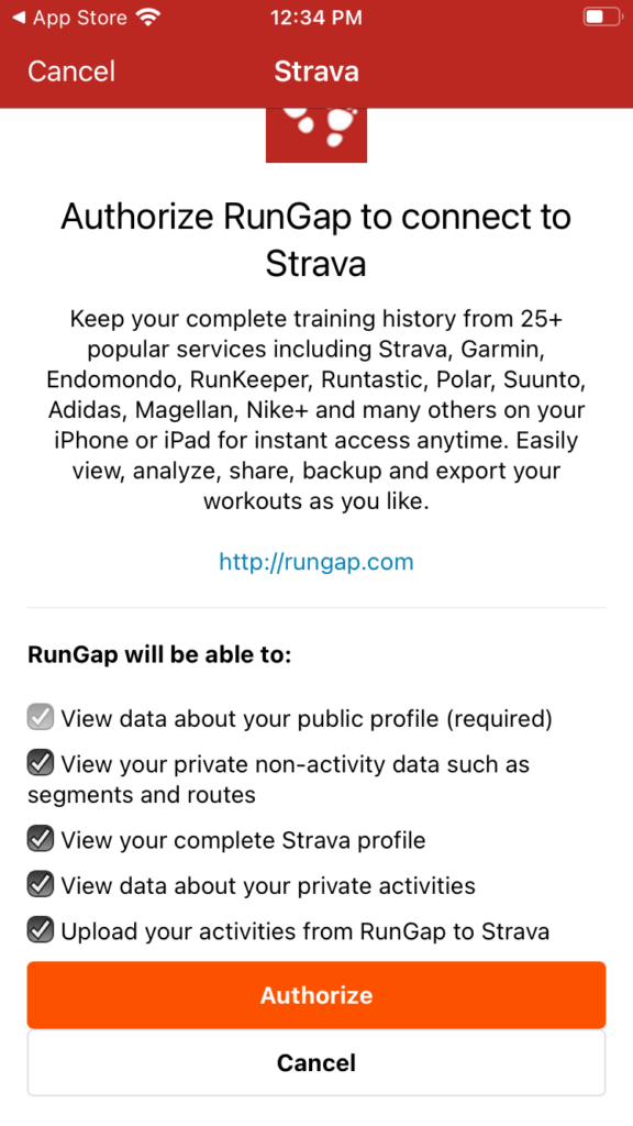 Screenshot of Strava authorization popup.