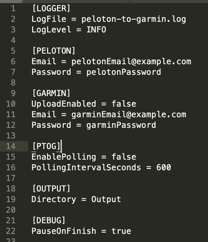Screenshot of config file of Peloton to Garmin