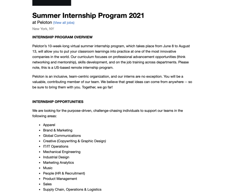 Screenshot of Job listing for Peloton summer internship program.