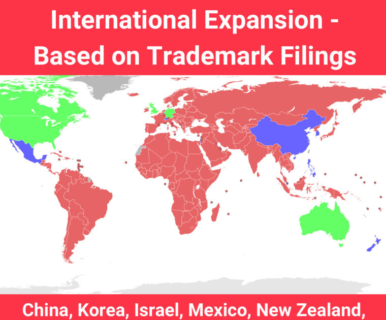 Map showing countries Peloton may launch in, based on Trademark fillings.
