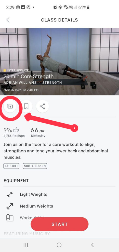 The Peloton Android app showing the stack button.
