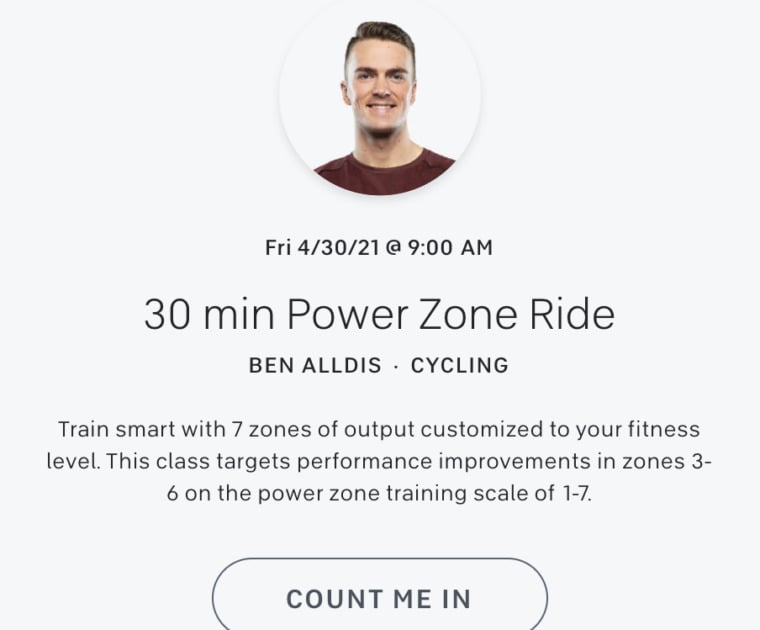 Screenshot of Peloton Class schedule showing a Ben Alldis power zone class.