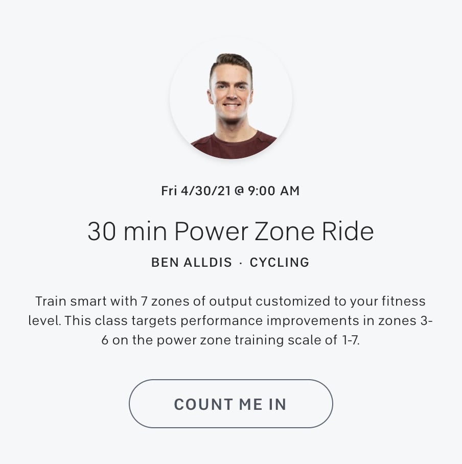 Screenshot of Peloton Class schedule showing a Ben Alldis power zone class.