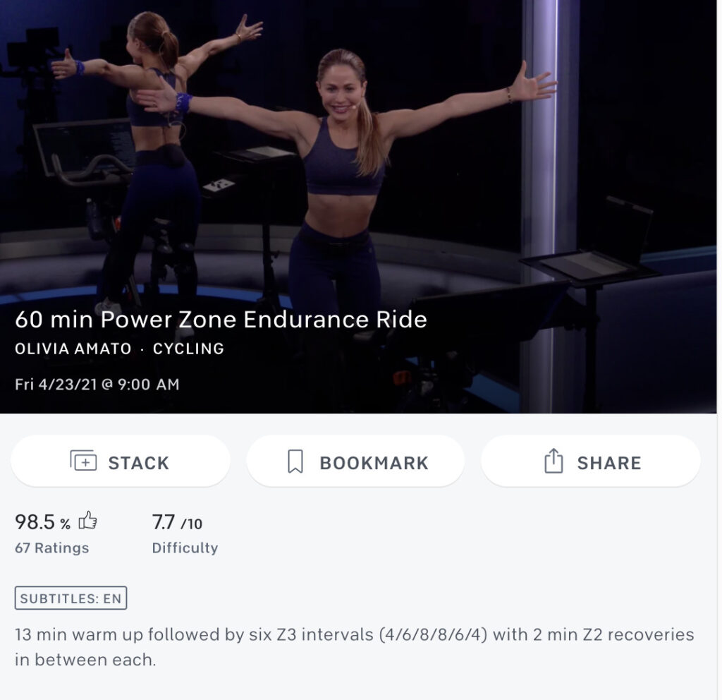 Screenshot of the Peloton class preview page for the Olivia class.
