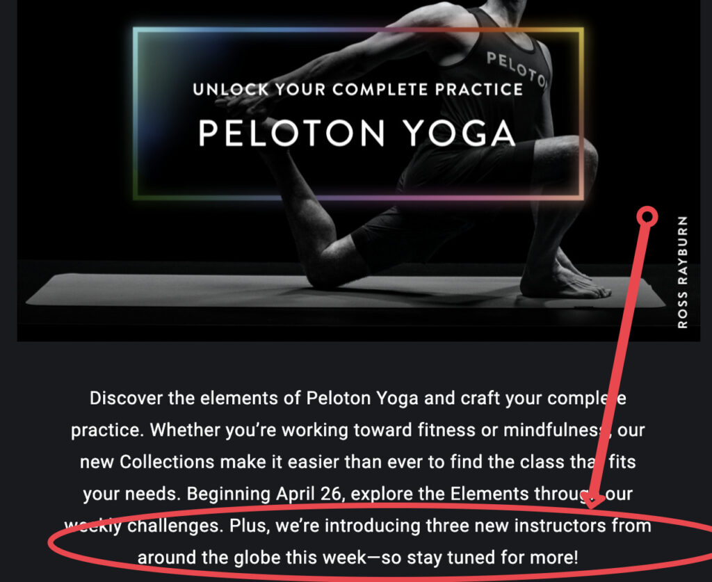 Screenshot of Peloton Email teasing new instructors being announced.