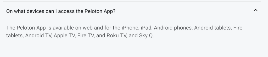 Screenshot of another FAQ on Peloton's site mentioning Sky Q