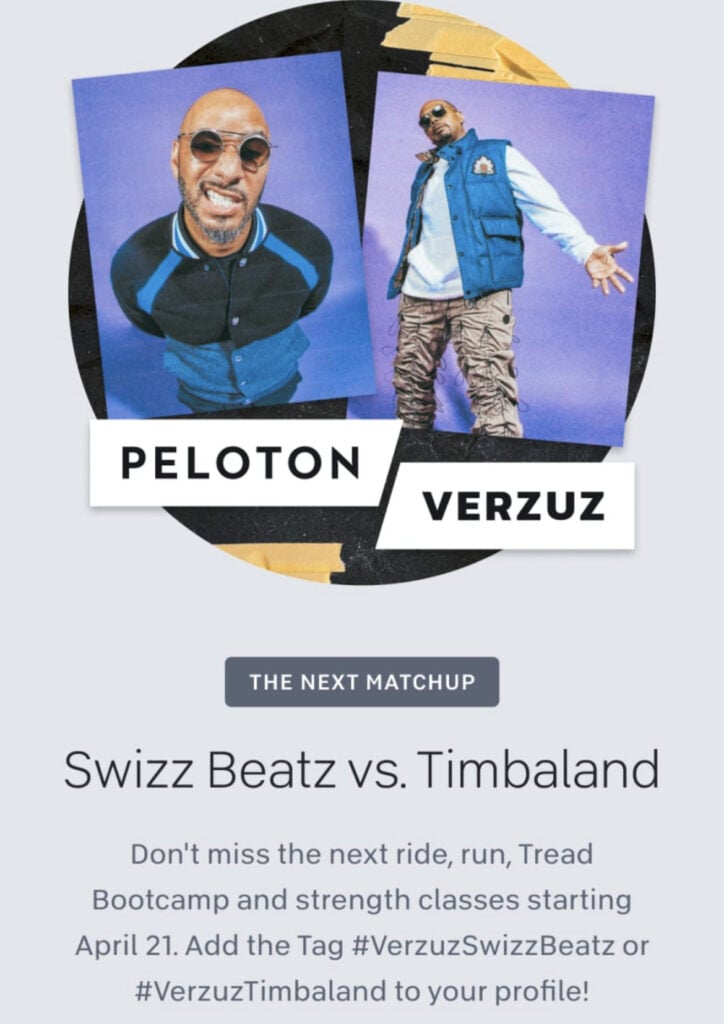 Peloton teased the Timbaland vs Swizz Beatz Verzuz with this popup from the Peloton app (screenshot from Peloton app)