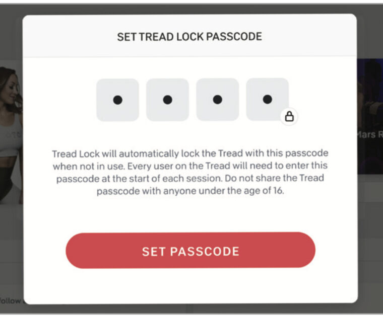 Image of the new Peloton Tread Lock safety passcode feature.