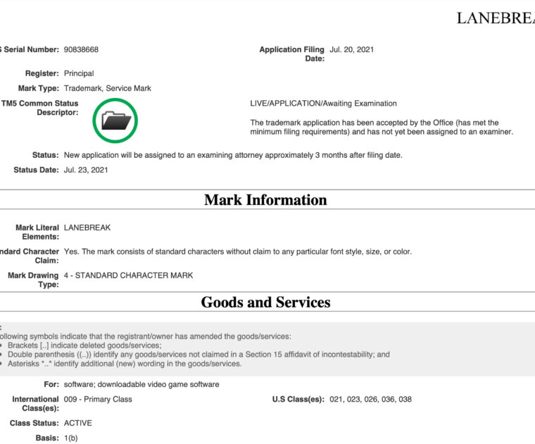 Peloton Lanebreak Trademark Application with the USPTO.
