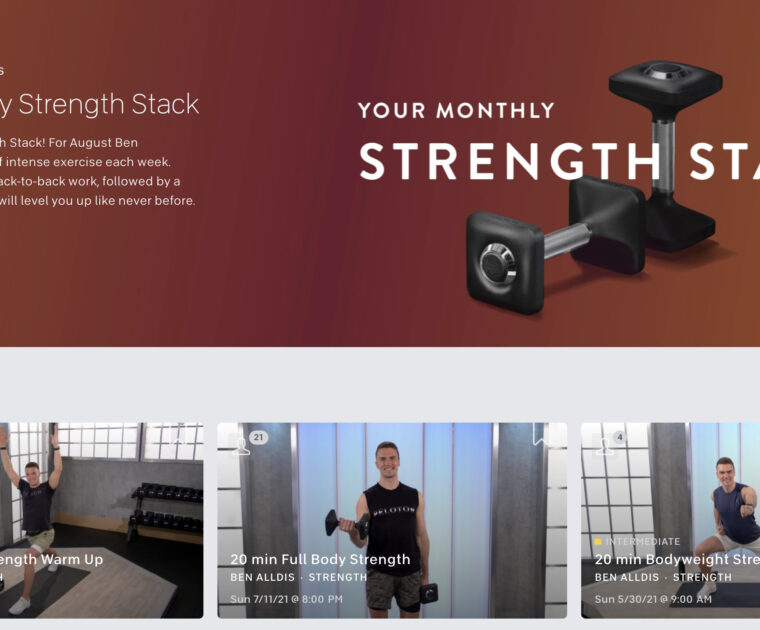 Image of the August strength stack collection with Ben Alldis from Peloton's website.