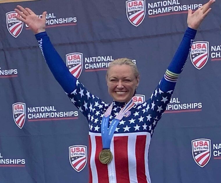 Peloton instructor Christine D'Ercole winning gold at the Track National Championships. Image credit Christine Instagram.