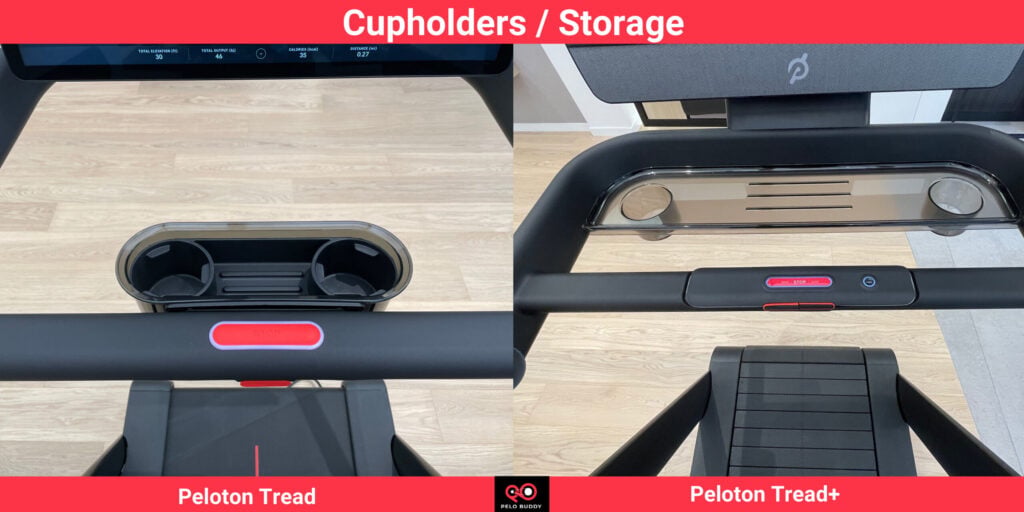 The Peloton Tread+ has a small shelf for holding items.  Both the Tread & Tread+ can hold 2 water bottles.