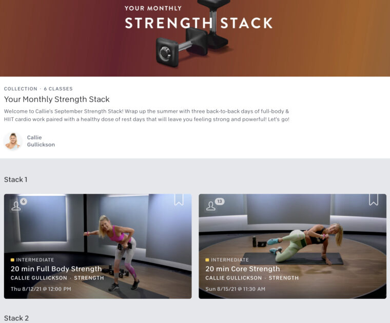 Screenshot of September Strength Stack Collection by Callie Gullickson from Peloton app.