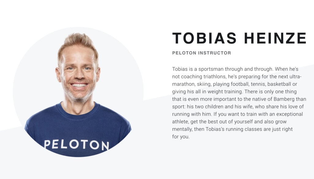 New Peloton Tread coach Tobias Heinze's instructor page on Peloton's website.