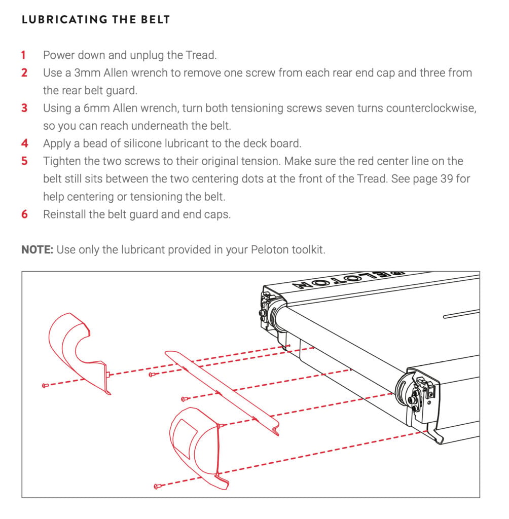 Peloton Tread manual showing how to lubricate the belt.