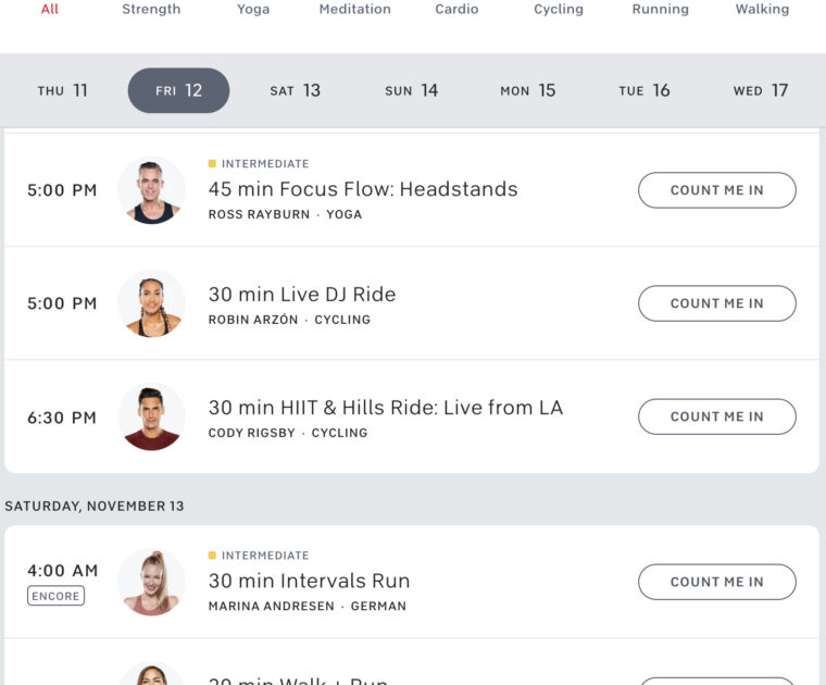 Upcoming Peloton schedule showing all class modalities.