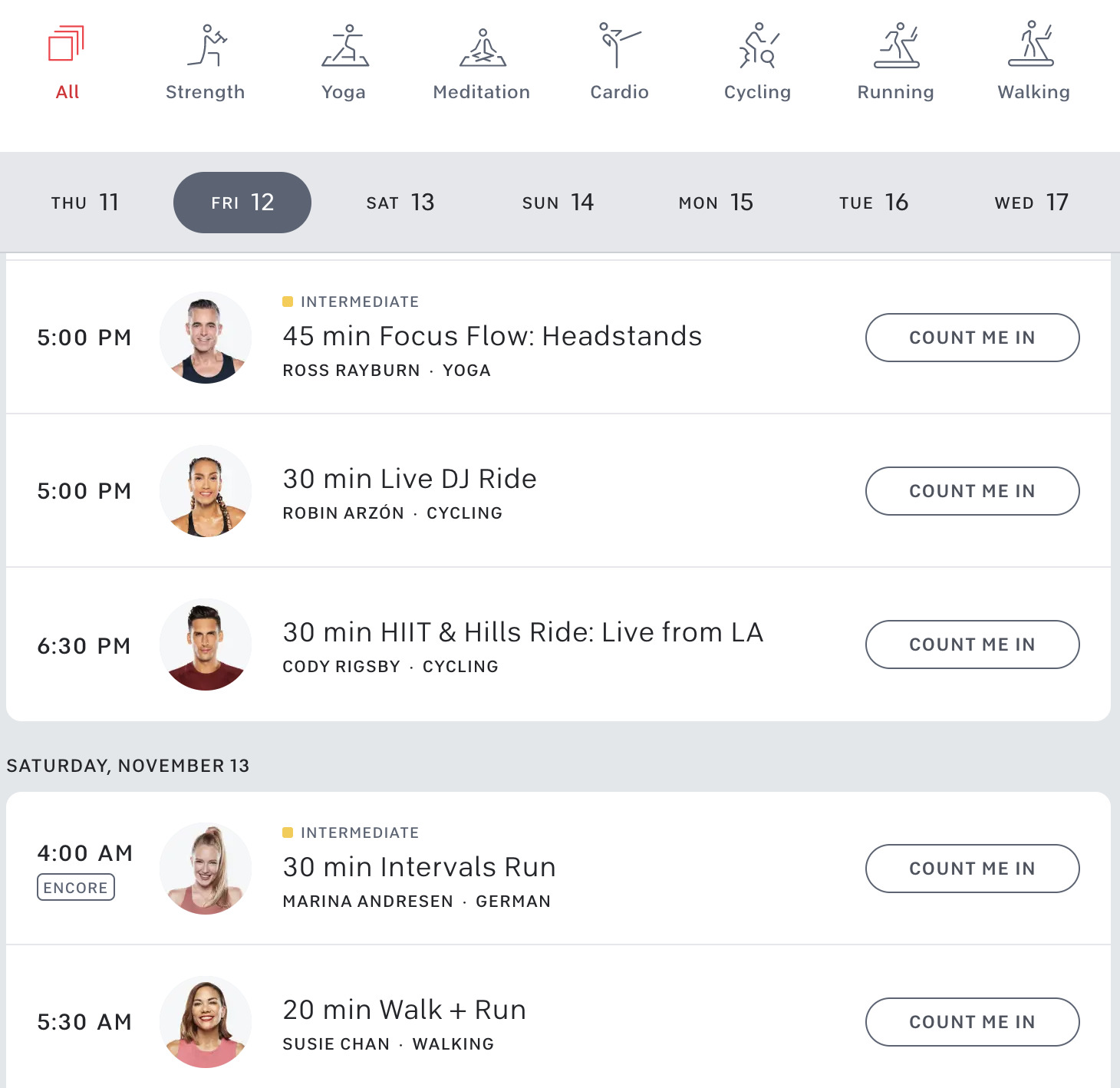 Upcoming Peloton schedule showing all class modalities.
