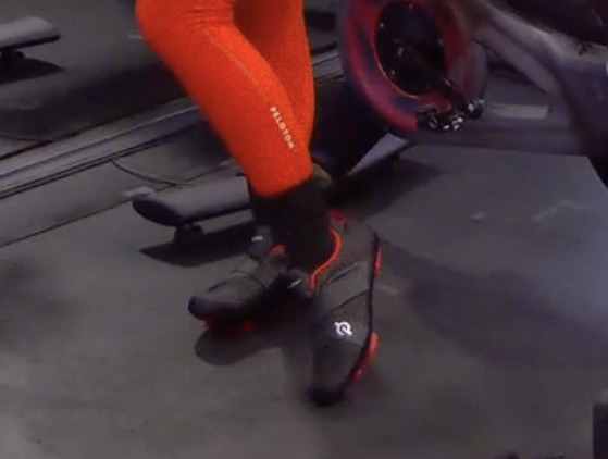A side view of the upcoming new Peloton cycling shoes, as seen on Jess Sims in a class.