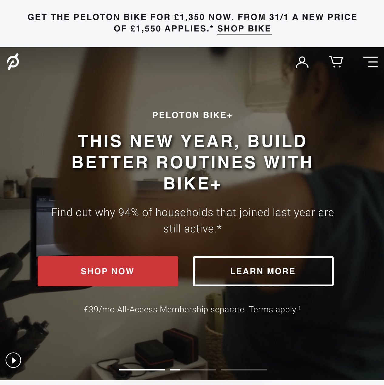 Peloton U.K. homepage with updated banner.