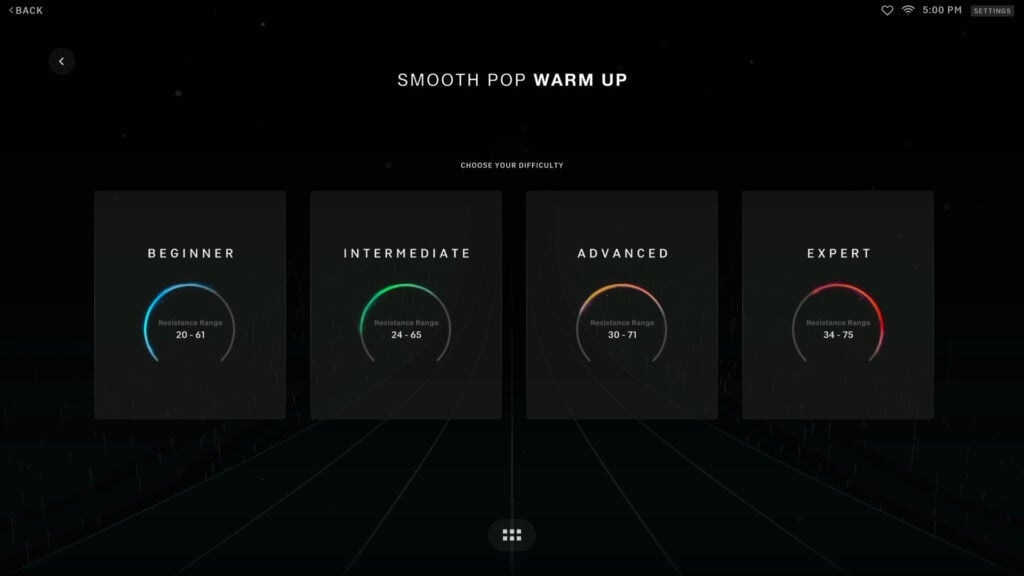 The 4 different difficulty levels on Peloton Lanebreak are seen here.