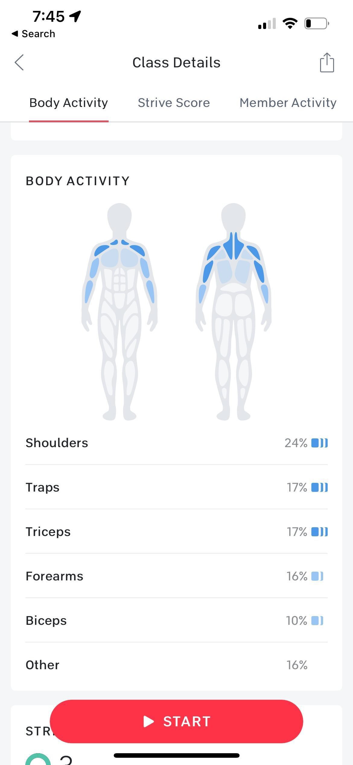 Body Activity section on an Arms & Shoulders strength class.