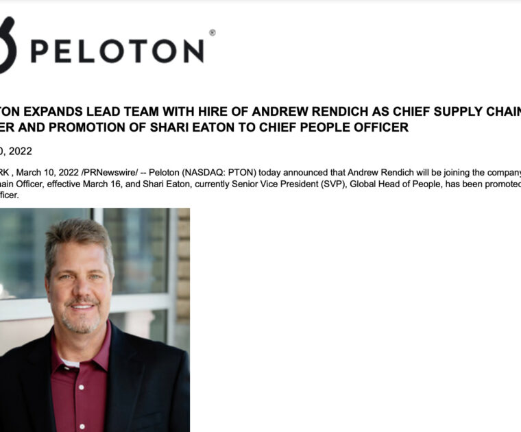 Peloton press release announcing Andrew Rendich and Shari Eaton.