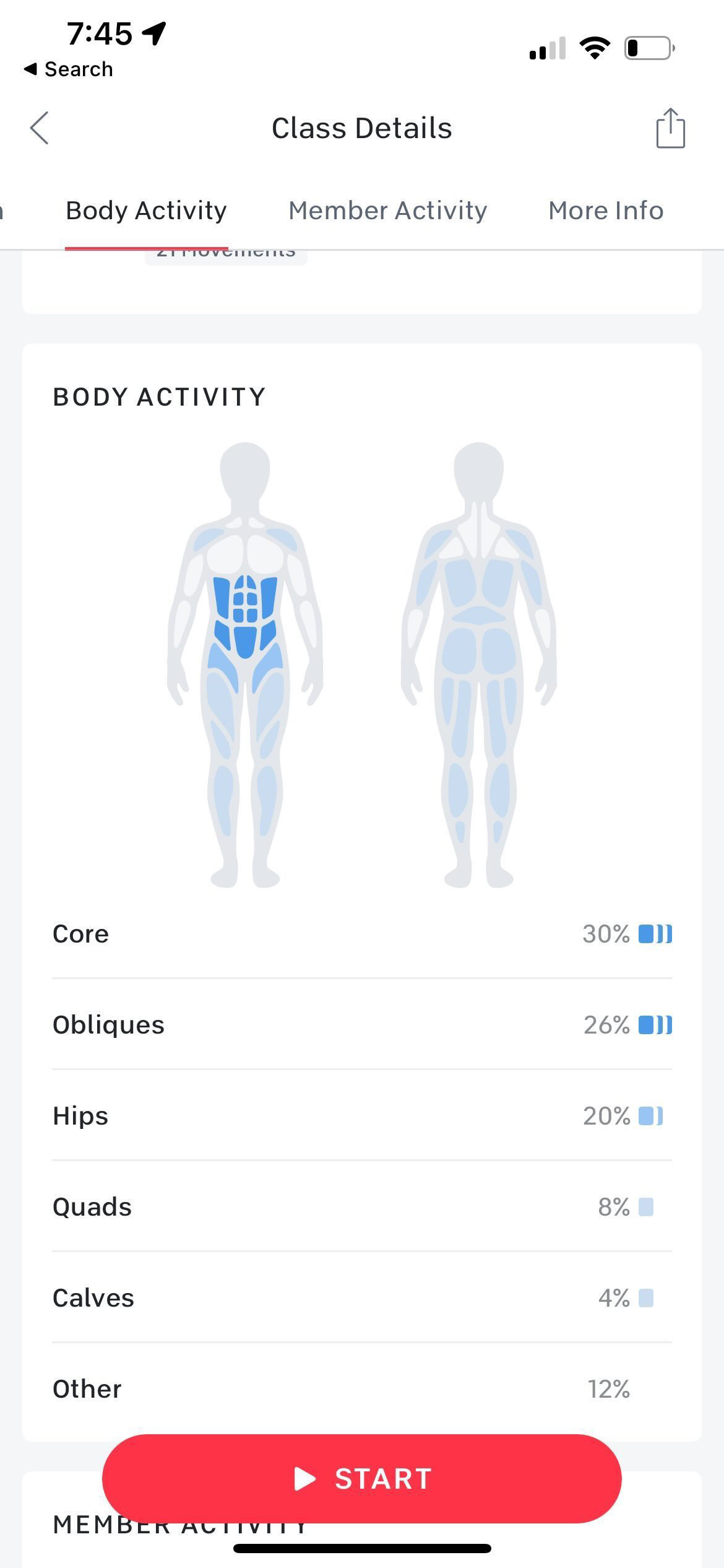 Body Activity section in a Core strength class.