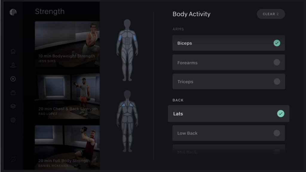 New user interface on the Peloton Guide allowing you to search for classes based on muscle groups worked.