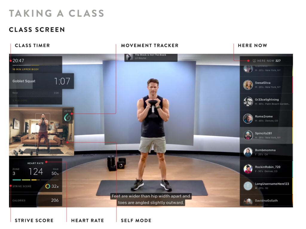 Image from the Peloton Guide user manual showing what to expect when taking a Peloton class.