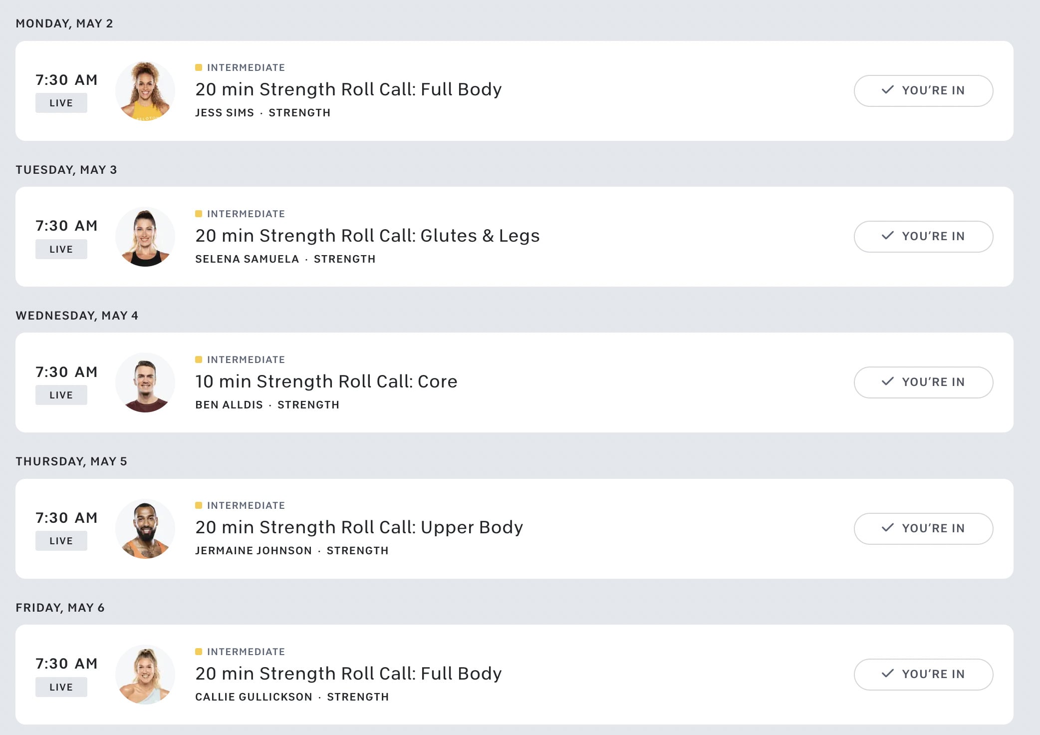 Peloton Roll Call strength schedule for the week of May 2.