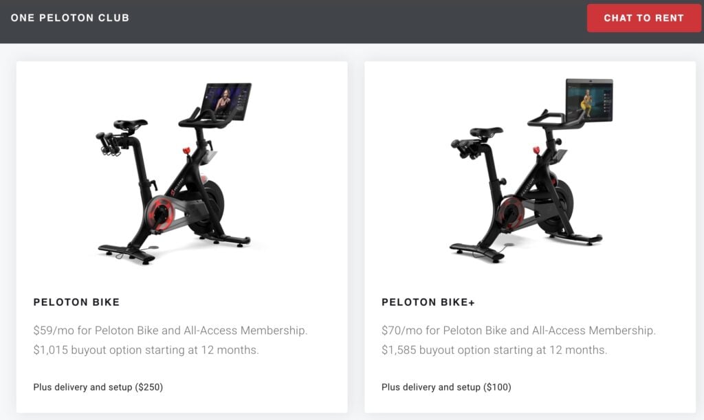 Screenshot of the Peloton Bike & Bike+ rental cost from the One Peloton Club website.