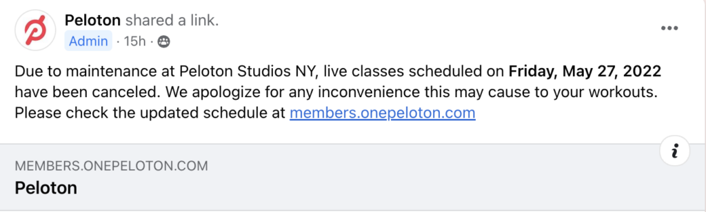 Peloton announcement on the Facebook Official Peloton Member Page.