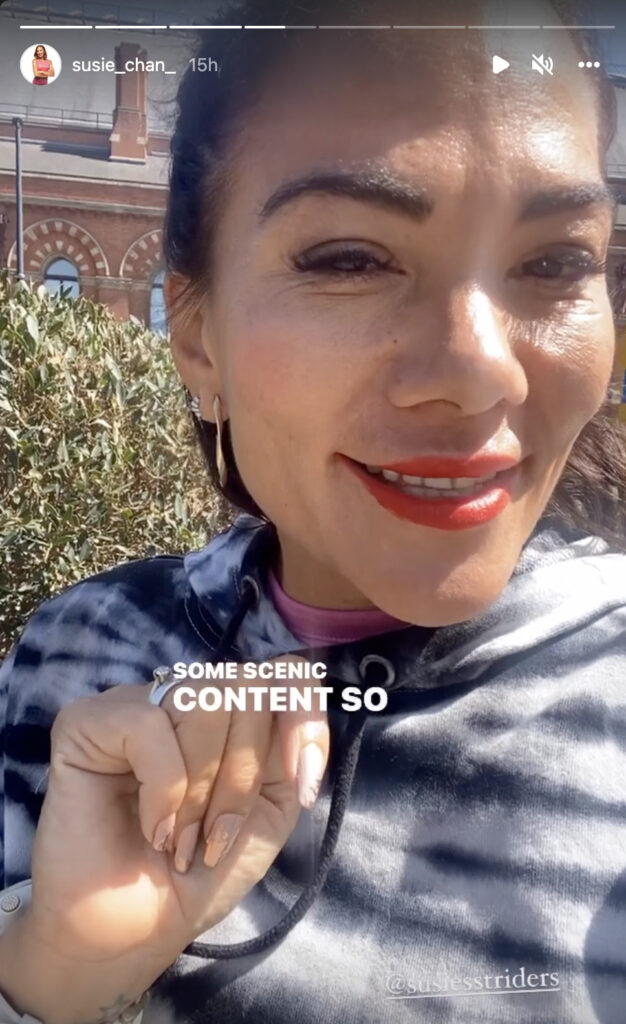 Susie Chan sharing the news she is filming some scenic content on Instagram.