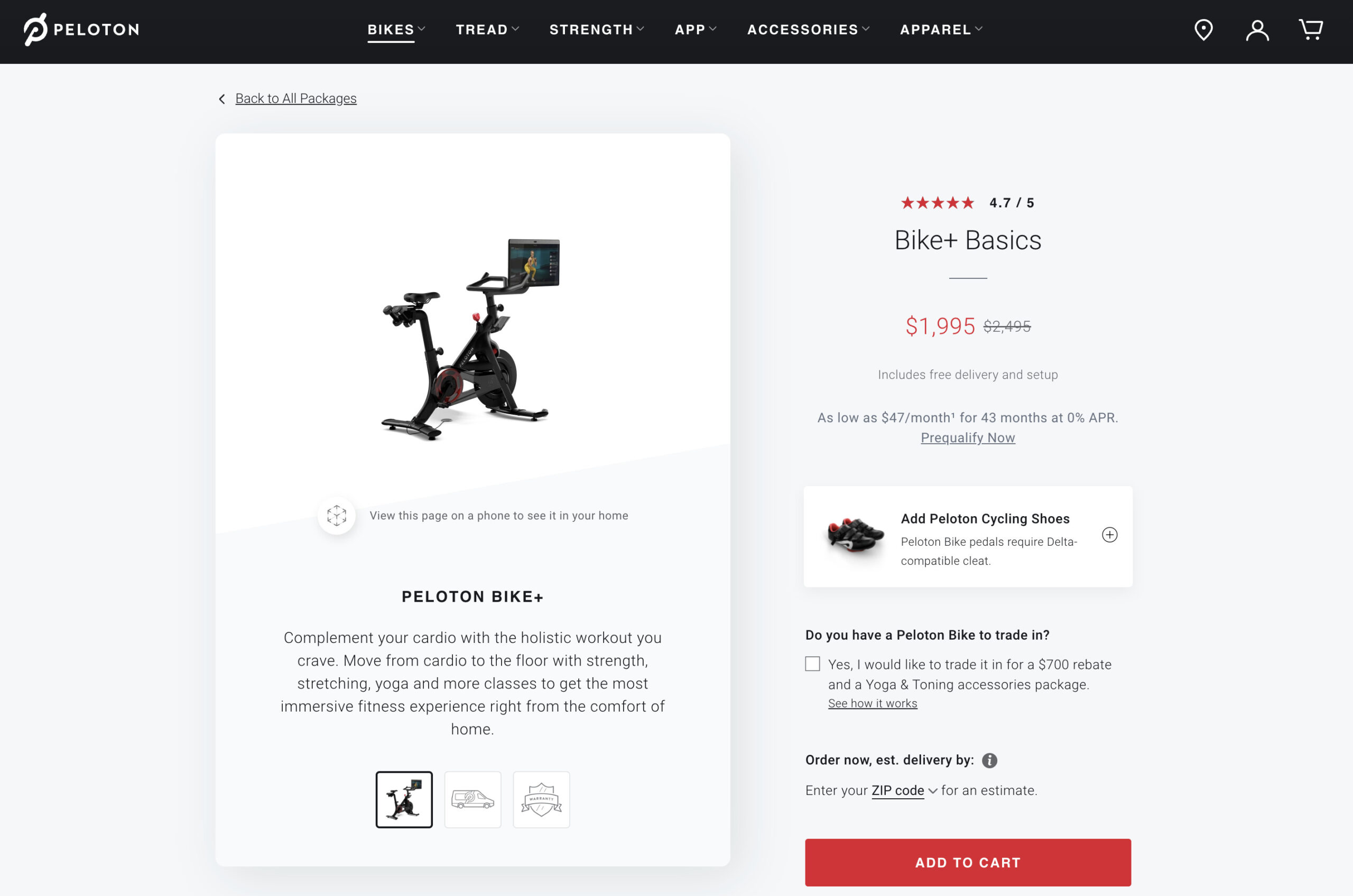 Previous Bike+ checkout page showing trade-in option.