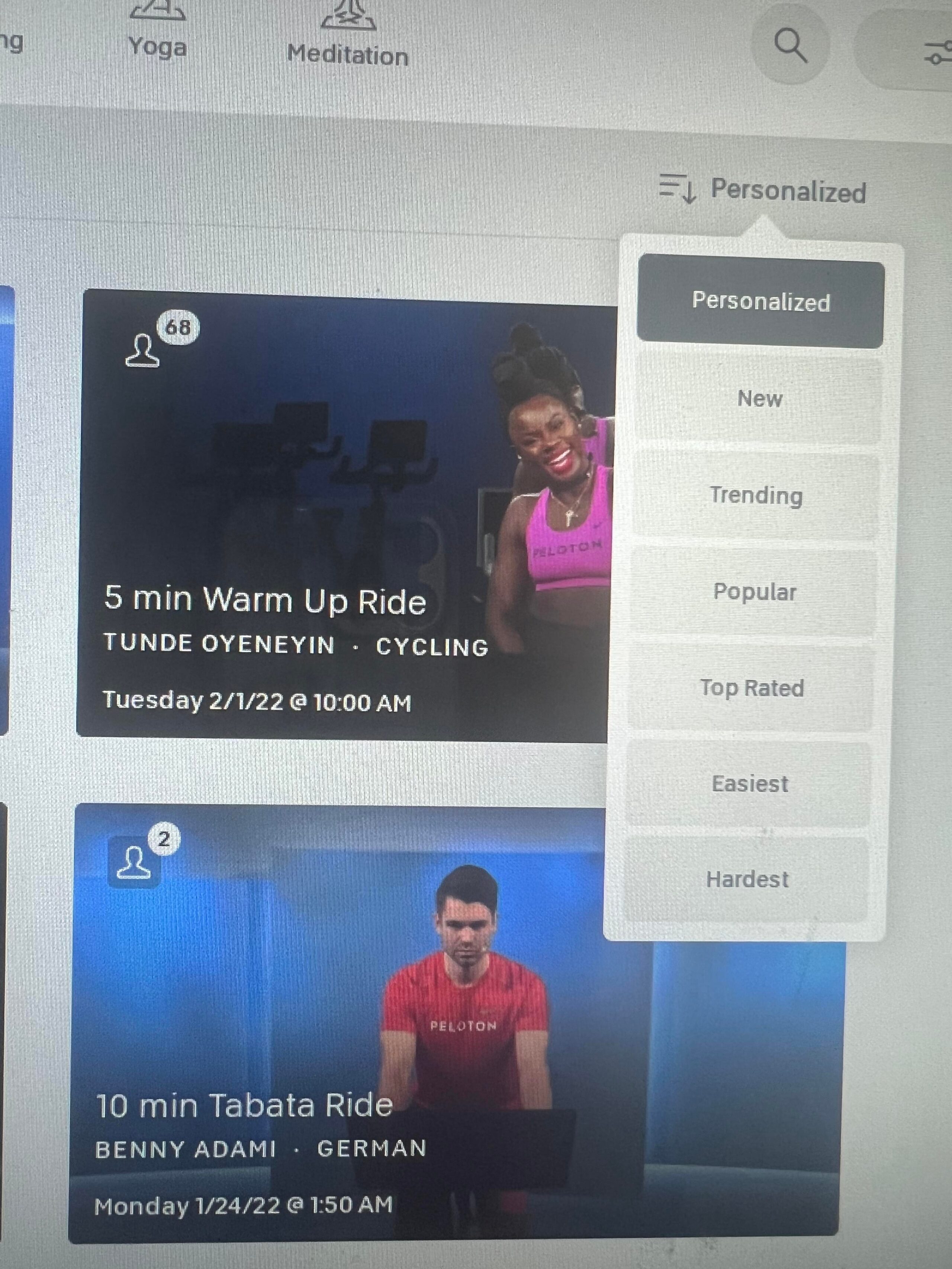 New default "personalized" sort order on Peloton Bike.