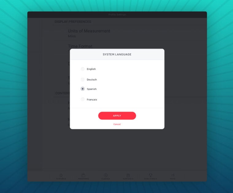 Peloton Spanish language option. Image credit Peloton.