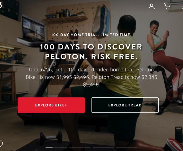 Peloton home page promoting limited time 100 day home trial.