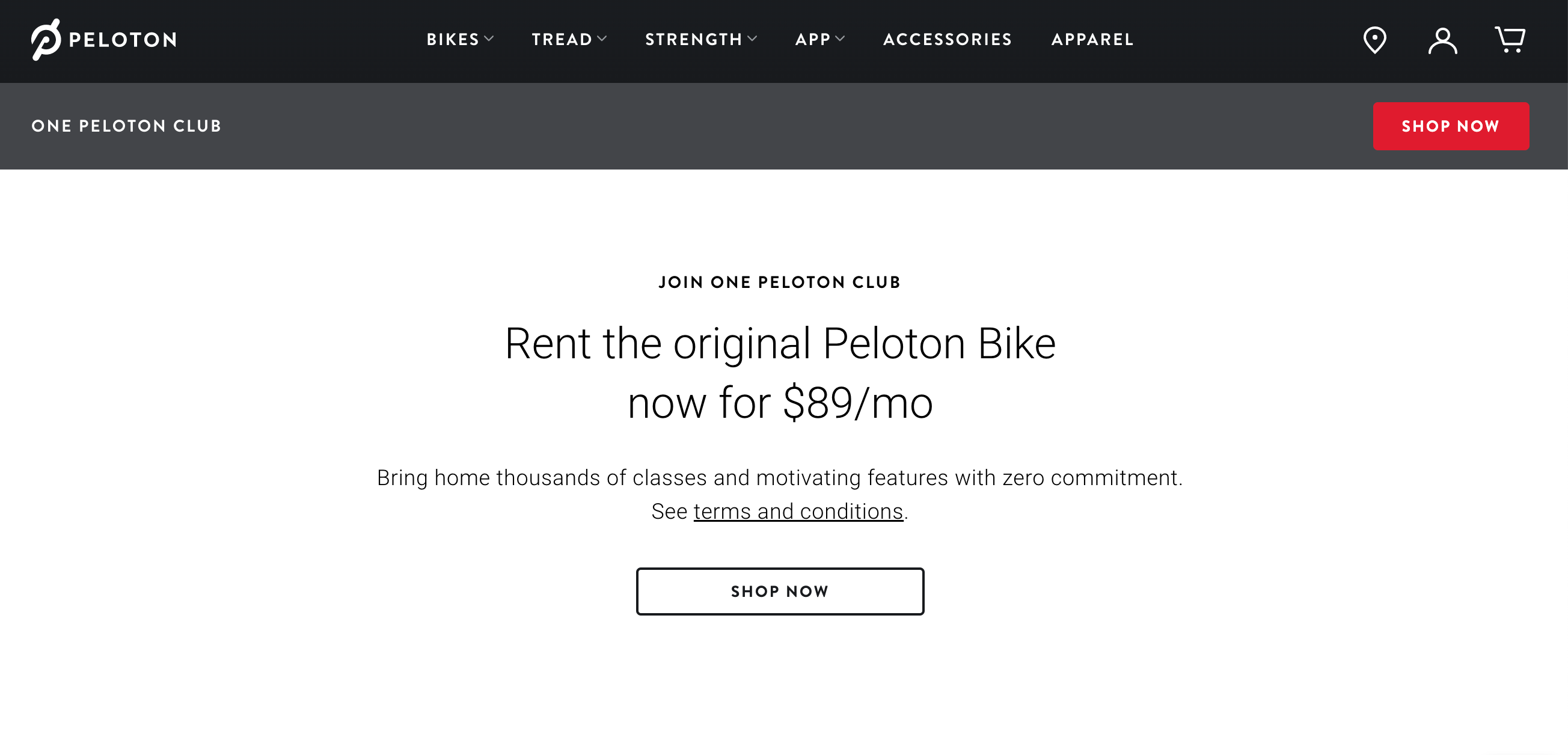 Updated One Peloton Club landing page mentioning only the original Peloton Bike.
