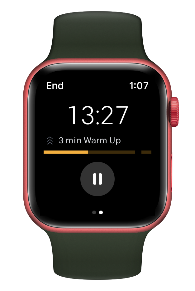 Apple Watch display showing progression through warm up of Peloton class.