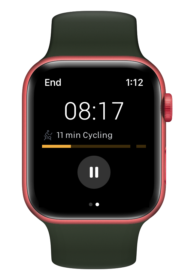Apple Watch display showing progression through cycling segment of Peloton class.