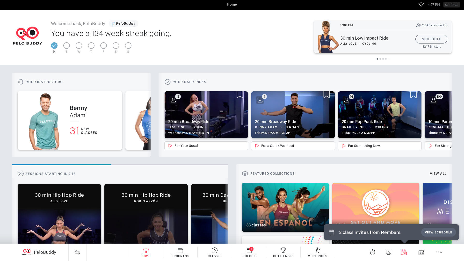 Peloton Bike homepage showing invitations at bottom of the screen.