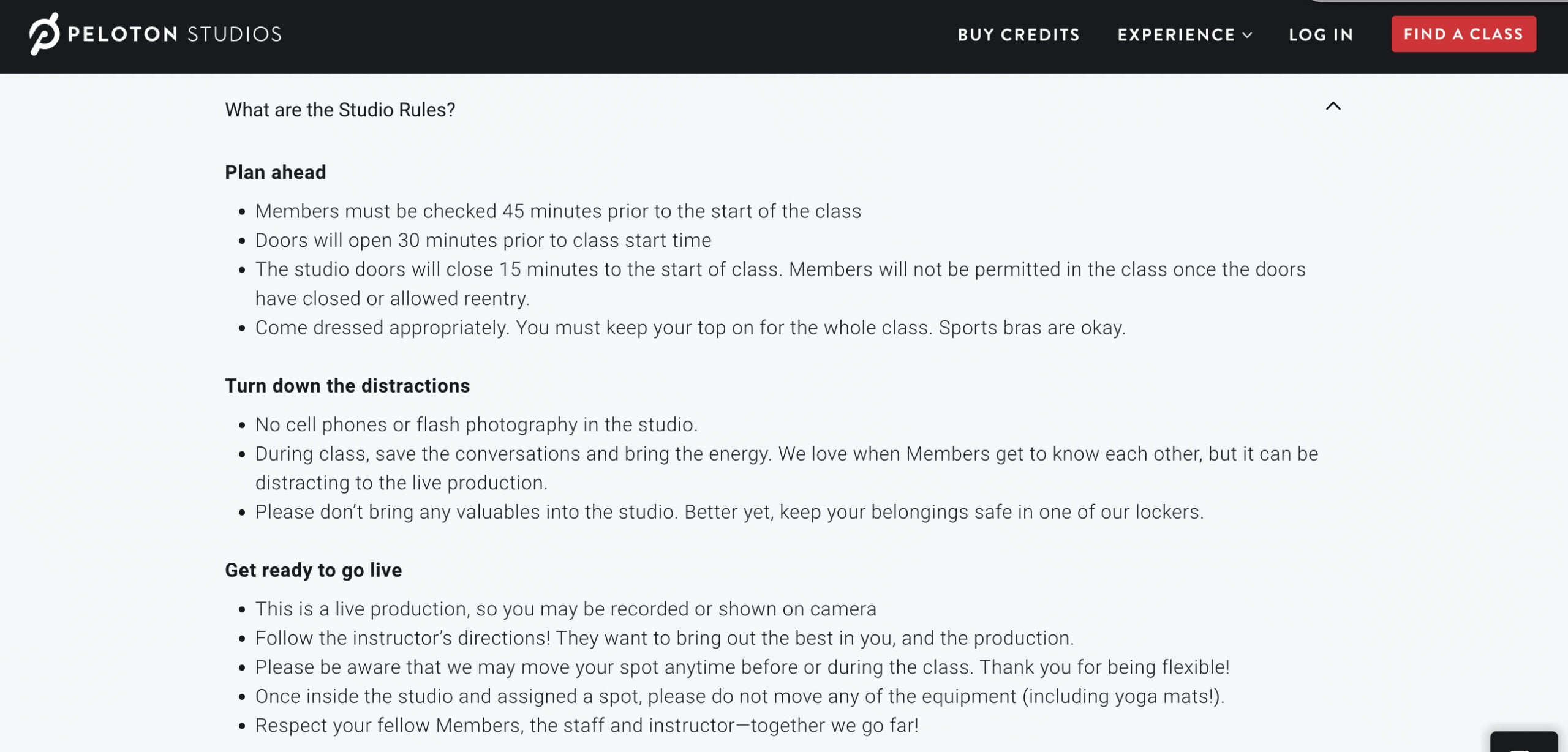 Peloton Studio Rules via FAQ page.