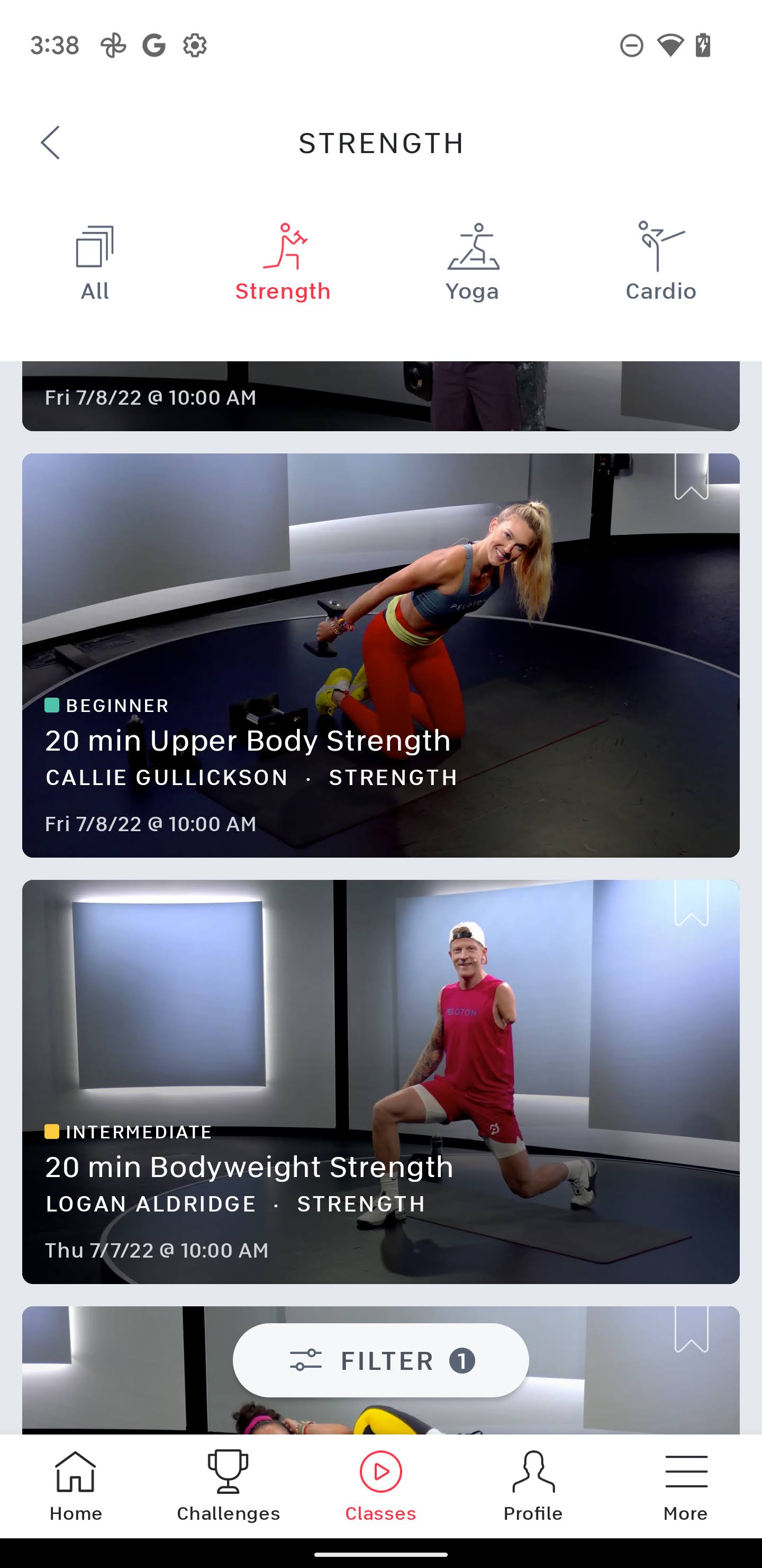 Applying "made for movement tracker" filter on Peloton Android App to show Guide-compatible strength classes.