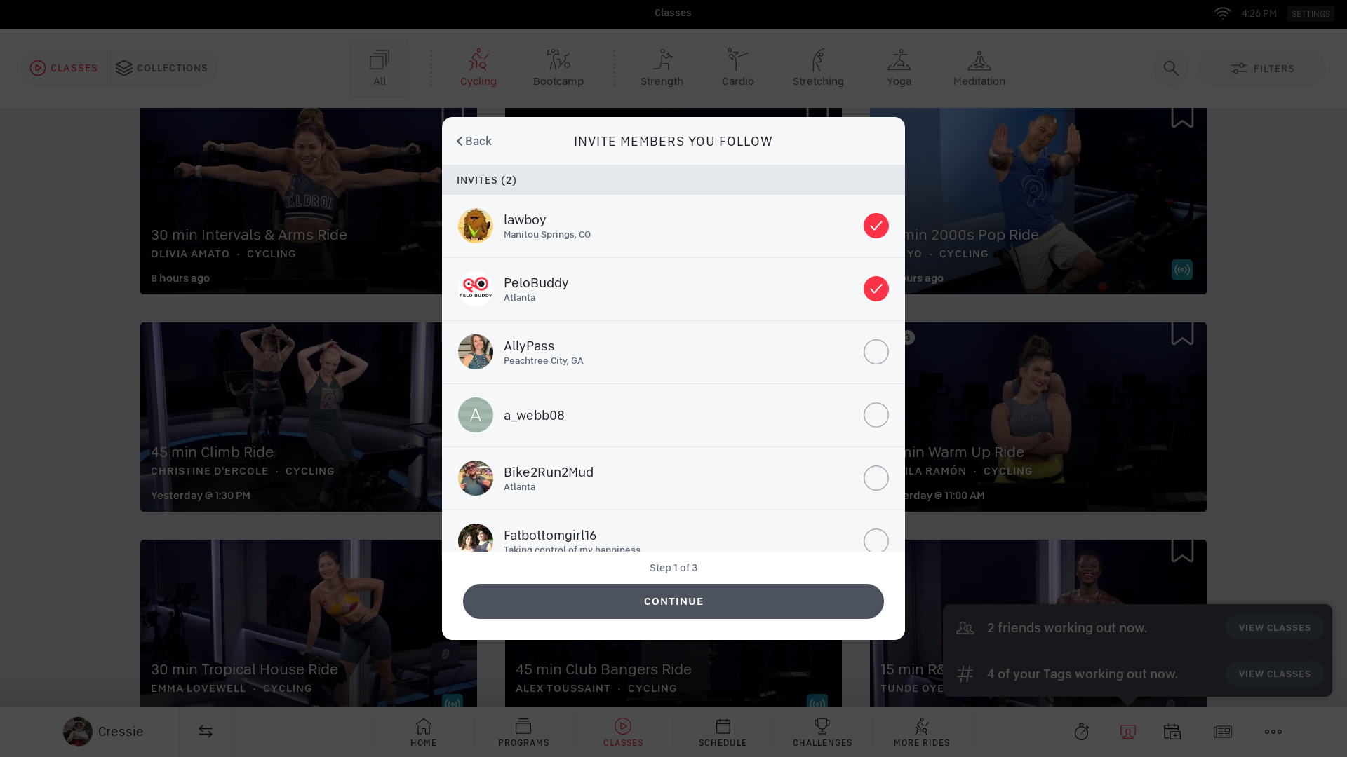 "Invite Members You Follow" page with added members at the top.