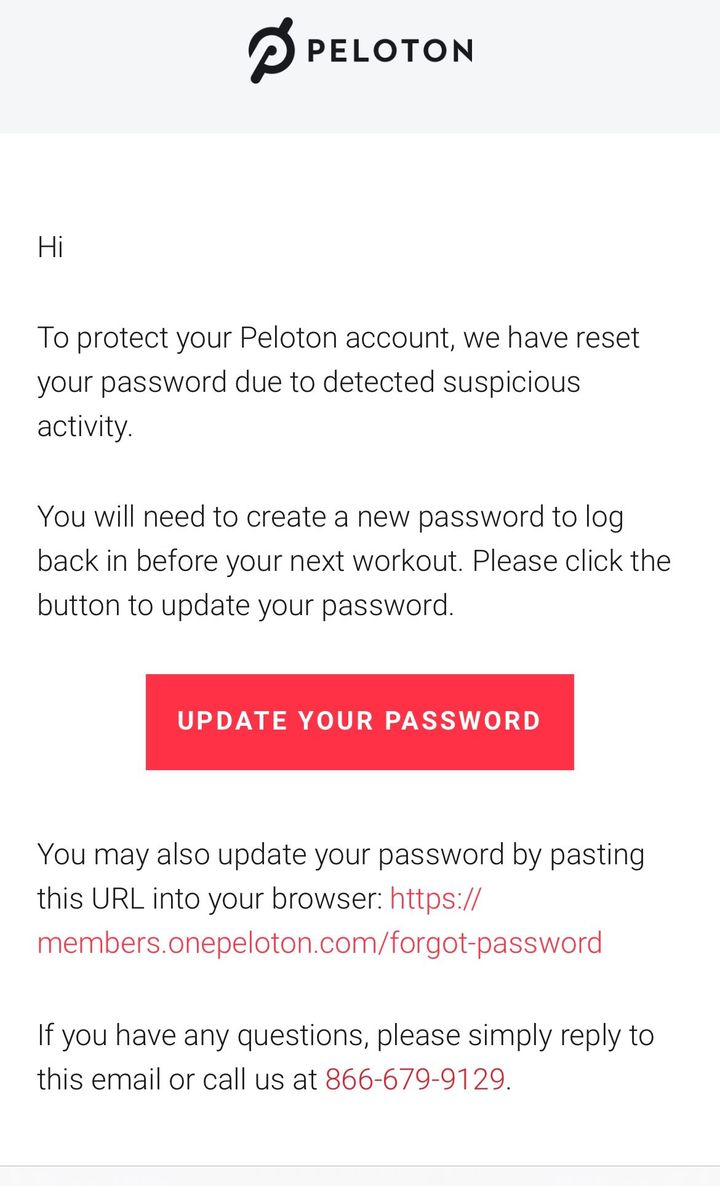 Peloton email to members requiring them to reset their passwords.