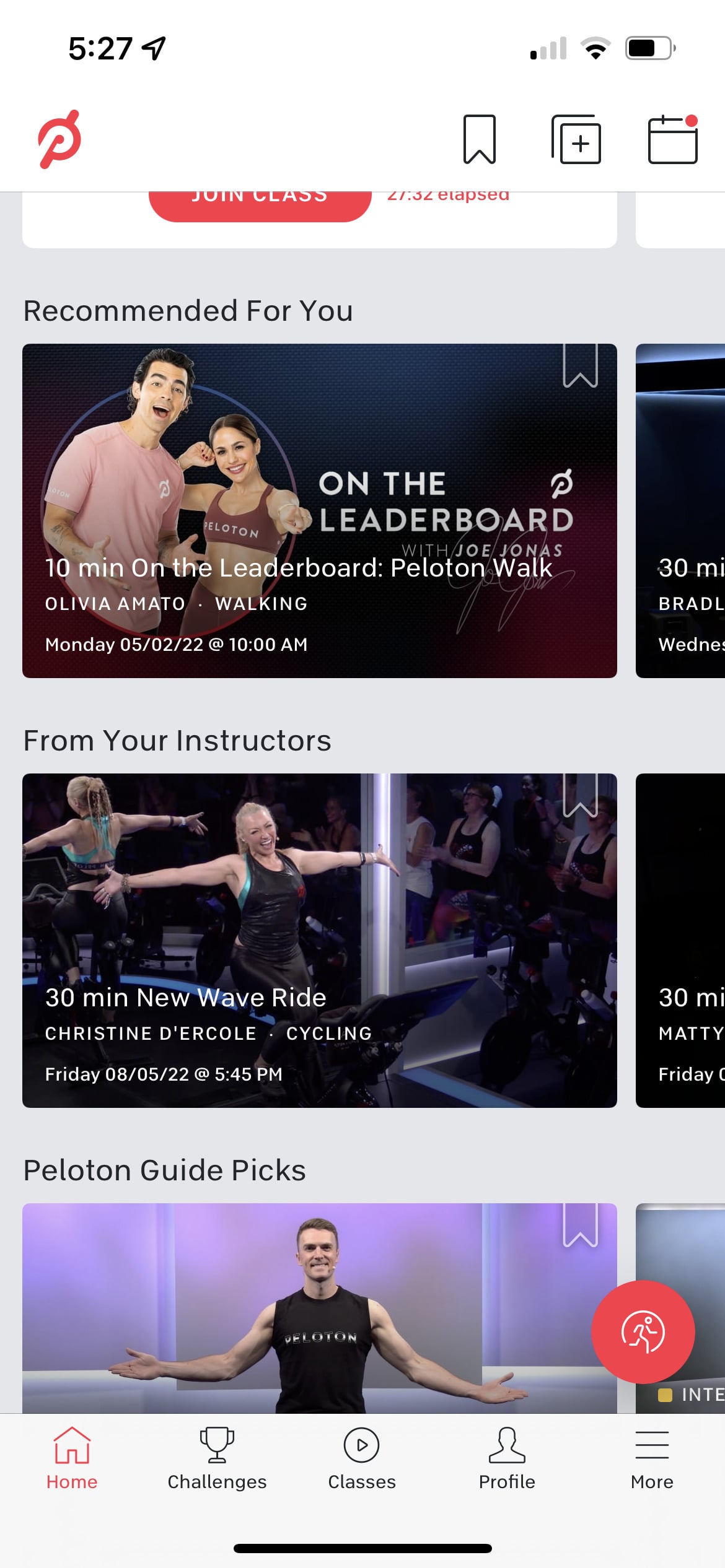 Updated "home" tab on Peloton iOS App - scrolled down.