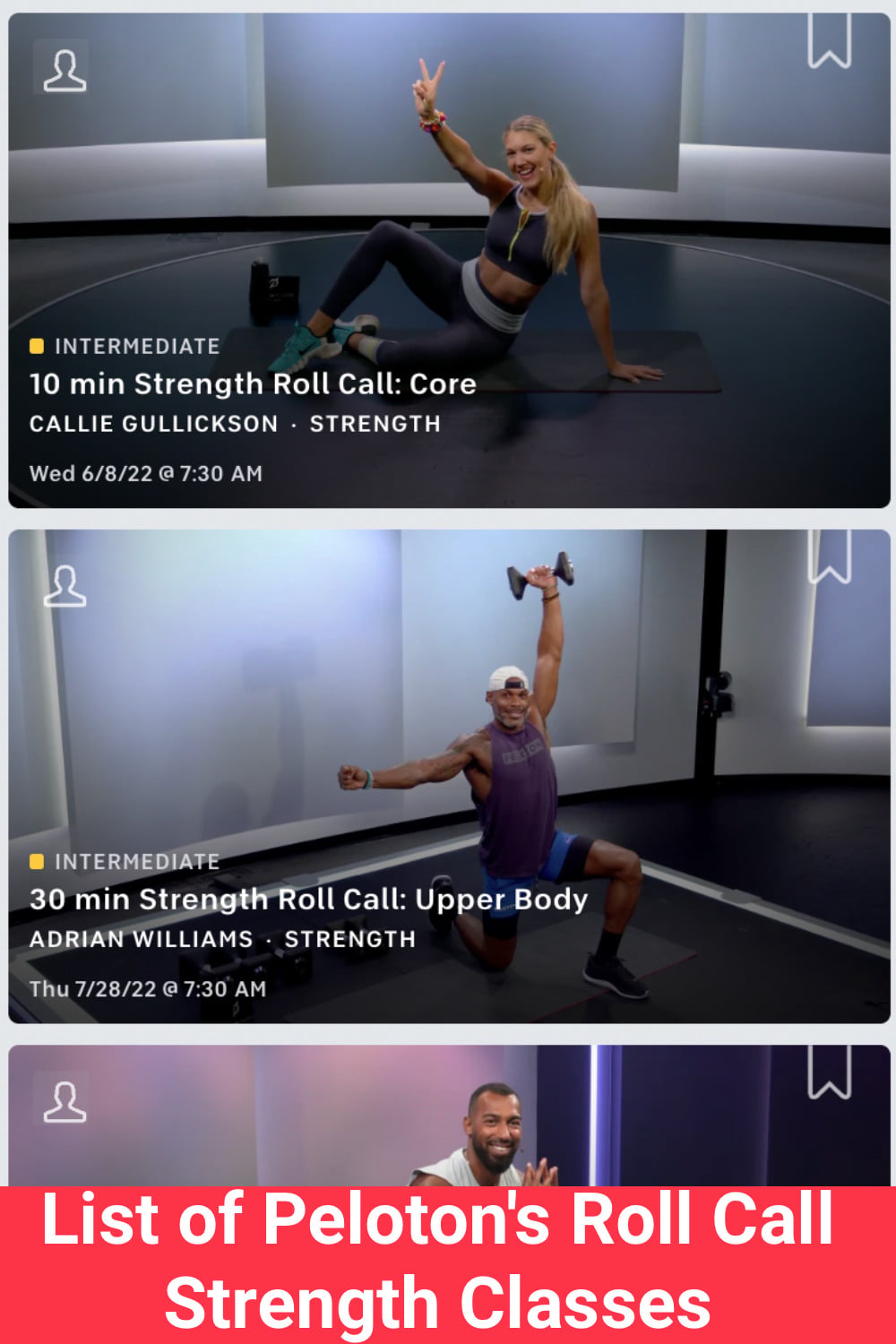 A list of Peloton's Roll Call Strength classes, grouped by week.