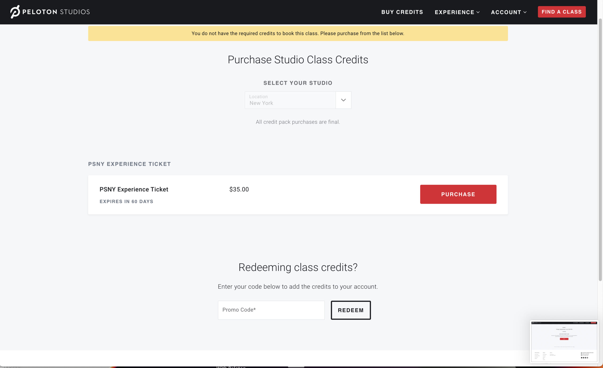 Peloton Studios New York studio reservation cost $35.
